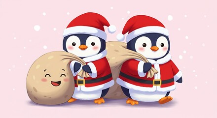 Festive penguins in santa outfits with a gift sack and smiling character