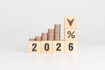 2026 New year with percentage change to UP and Down arrow with coin stack. Interest rate, GDP, stocks market, financial, deflation and Inflation, mortgage, debt, Loan and Economic Recession