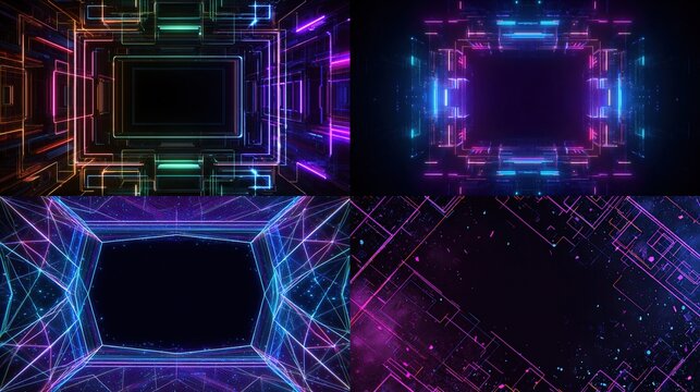 Futuristic neon frames showcase abstract, geometric tech patterns with dark central space