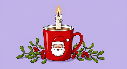 Festive red mug with candle and santa claus ornament for holiday season