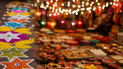 Fototapeta premium Diwali Market Table with Diyas and Decorations