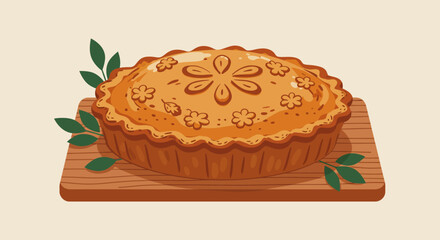 Golden pie on a wood board adorned with floral designs and green sprigs