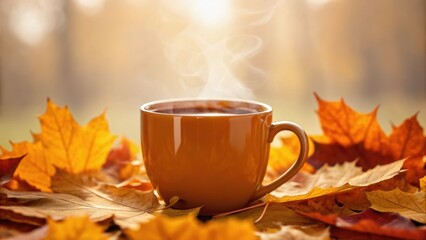 Warm cup of coffee surrounded by autumn leaves, evoking a cozy and serene atmosphere in a natural setting.