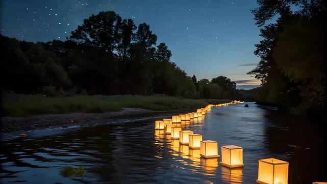 Illustration of a serene river scene at night, illuminated by a line of glowing paper lanterns floating on the water under a starry sky, creating a magical and peaceful atmosphere 4k hd video download