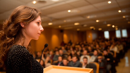 Young woman presenting at conference hall.