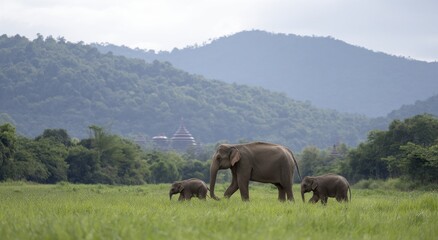 Fototapeta premium Elephant family walking in green field with distant mountains