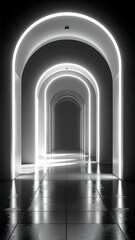 Obraz premium Illuminated archway hallway receding into darkness; reflective floor