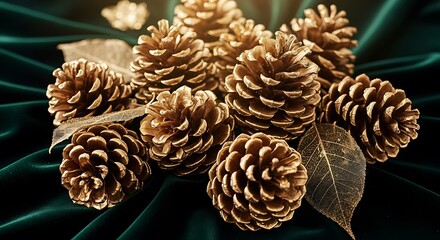 Golden Pine Cones on Dark Green Velvet.