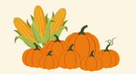 Pumpkins  corn stand together in a still lifetype composition