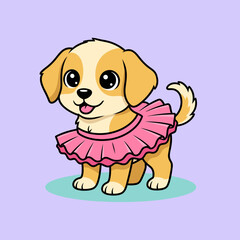Cute puppy wearing a pink ruffled dress on a pastel background  