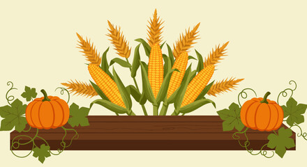 Pumpkins and corn stalks decorate a wooden shelf in an autumn arrangement