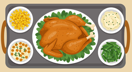 Roasted turkey with sides like corn green beans and mashed potatoes on a tray