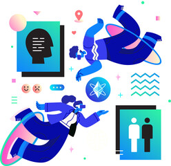 Abstract Digital Composition with Floating Human Figures in Blue and Purple Hues Illustration with Geometric Shapes and Iconography