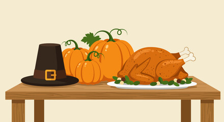 Thanksgiving feast cooked turkey pumpkins pilgrim hat on a wooden table