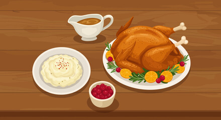 Thanksgiving dinner roasted turkey gravy mashed potatoes cranberry sauce on a wooden table