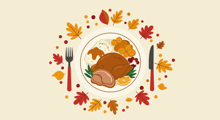Thanksgiving plate with turkey mashed potatoes stuffing surrounded by leaves and cutlery