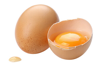 Fresh brown eggs and cracked egg with yolk isolated on white background food ingredient protein