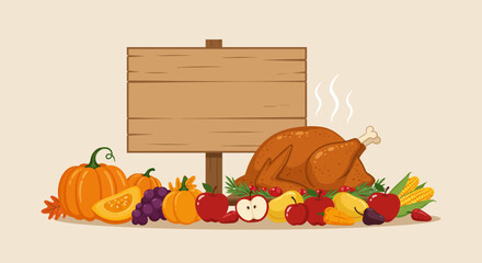 Thanksgiving scene with turkey fruit vegetables and a wooden sign