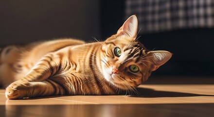 Orange Tabby Cat Relaxing on Wood Floor.