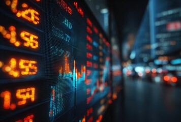 A close-up view of a digital stock market display with fluctuating numbers and a blurred of a cityscape.