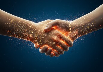 Fototapeta premium Two hands clasped in a handshake, glowing with digital data and light particles against a dark blue background, symbolizing connection and technology.