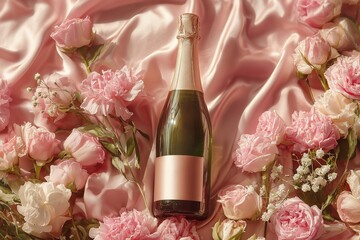 Pink rose flowers in water with silk fabric and champagne bottle