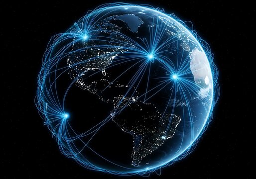 A glowing blue network of connections arcs over the Earth, linking major hubs across the Americas at night.