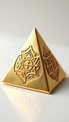 A golden vastu pyramid placed on a clean white background, symbolizing positive energy, spiritual protection, and balance in home and office.