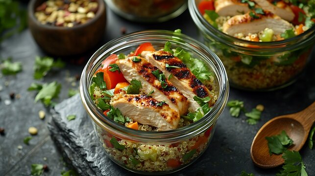Organized lunch prep scene, glass containers filled with grilled chicken, fluffy quinoa, mixed greens, and vegetables. Set on textured stone countertop with wooden spoon and herbs for garnish.