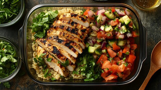 Organized lunch prep scene, glass containers filled with grilled chicken, fluffy quinoa, mixed greens, and vegetables. Set on textured stone countertop with wooden spoon and herbs for garnish.