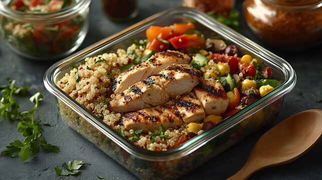 Organized lunch prep scene, glass containers filled with grilled chicken, fluffy quinoa, mixed greens, and vegetables. Set on textured stone countertop with wooden spoon and herbs for garnish.