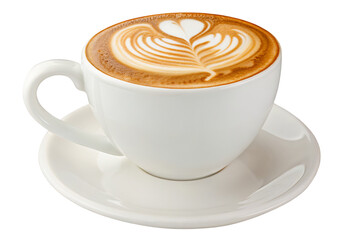 Beautifully crafted cappuccino with latte art in a white cup on saucer for coffee lovers artfully