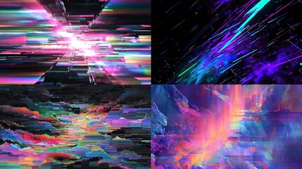 Pixelated Abstract Art Collection Glitch Art, Vibrant Colors, Digital Noise, Dynamic Patterns