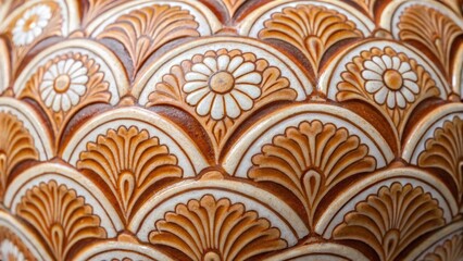Intricate floral pattern on a textured surface with warm earthy tones, showcasing craftsmanship and design details.