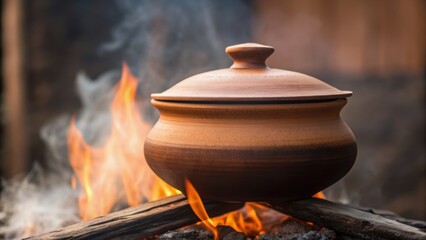 A clay pot sits over an open flame, surrounded by smoke, showcasing traditional cooking methods in a rustic setting.