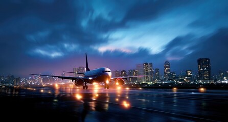 Fototapeta premium Jet airplane on runway at night, glowing city lights