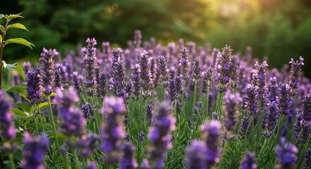 Field of lavender flowers bathed in sunlight natural background