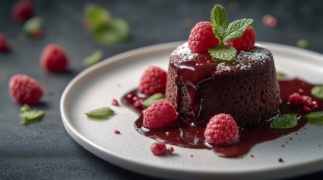 A gourmet dessert scene, molten chocolate lava cake with glossy exterior, rich melted center oozing onto white porcelain plate, garnished with fresh raspberries and mint leaves.