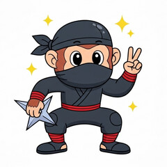 Obraz premium Cartoon Ninja Monkey Poses with Shuriken, Wearing Black Costume and Hand Gesture Demonstrating Victory with Sparkling Effects