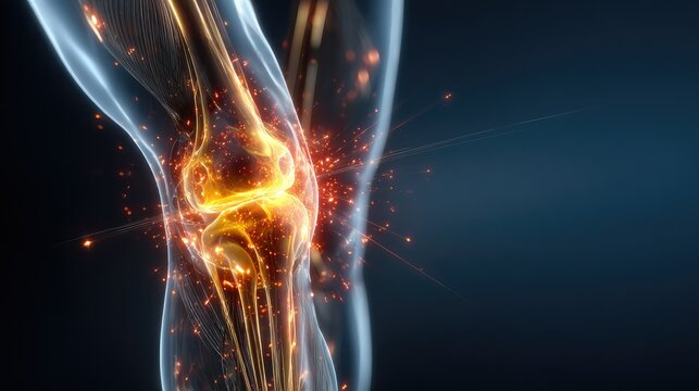 Detailed visual representation of a human knee joint with glowing elements, showcasing movement and anatomy.