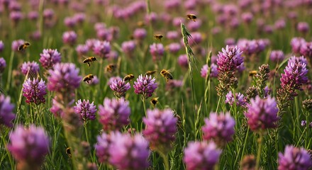 Field of purple clover blossoms with flying bees under warm sunlight
