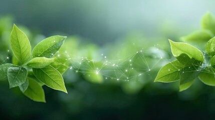 Lush Green Leaves Illuminated With Sparkling Particles On Blurred Background Suggesting Nature's Vitality and Digital Connectivity