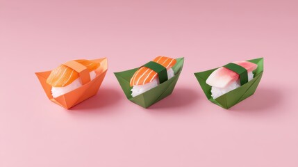 Three colorful paper sushi on pink background