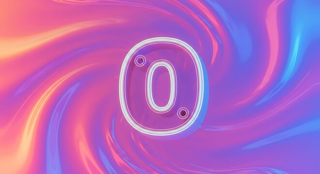 Digit zero floating on a swirling holographic abstract background
