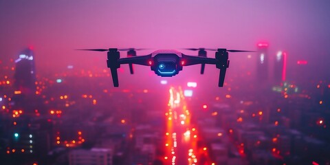 Fototapeta premium Drone flight over city at night, aerial view
