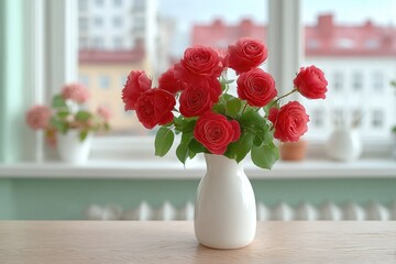 Luxury Bouquet Of Red Roses In White Vase On Wooden Table Beside Window