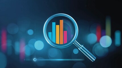Analyze market trends with a vibrant bar graph under a magnifying glass, visualize key data insights for strategic business planning, highlighting growth and success through data driven decisions