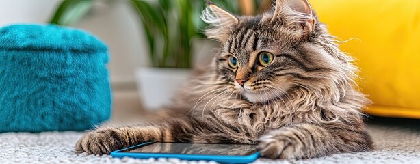 Playful Kitten Enjoys Tablet in Cozy Bathroom Setting, Playful Maine Coon Kitten Exploring New Gadgets: Adorable Maine Coon Kitten Discovering a Smart Home Device or Candle