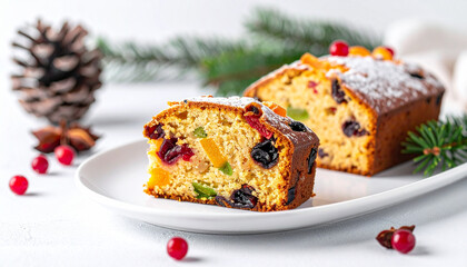 A slice of holiday fruit cake on a white ceramic plate, photographed in bright minimalist festive winter style