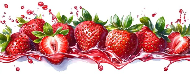 Fresh Watercolor Strawberries in Lively Splash